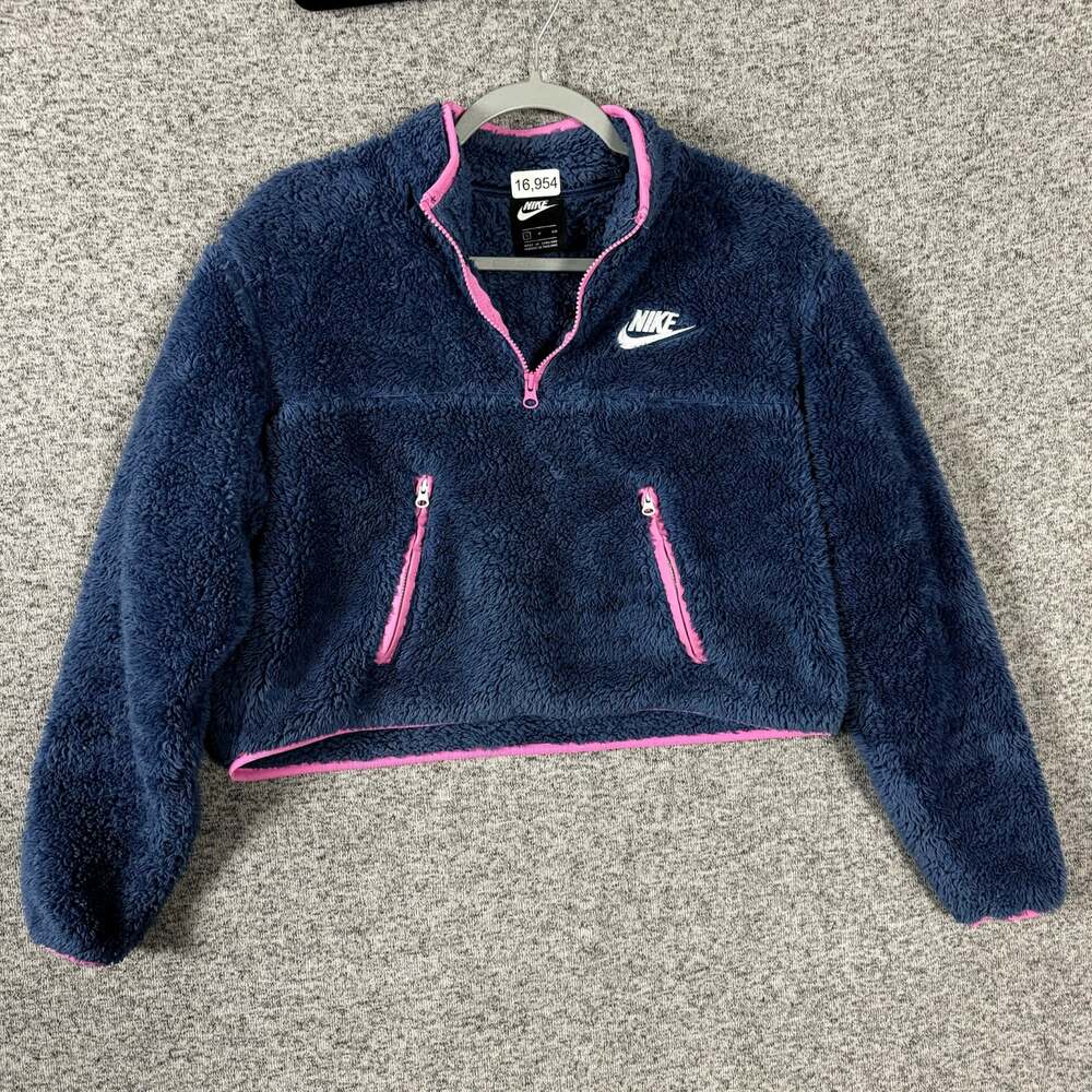 Nike Women's Size Small Blue Plush Fleece Cropped 1/2 Zip Sweater